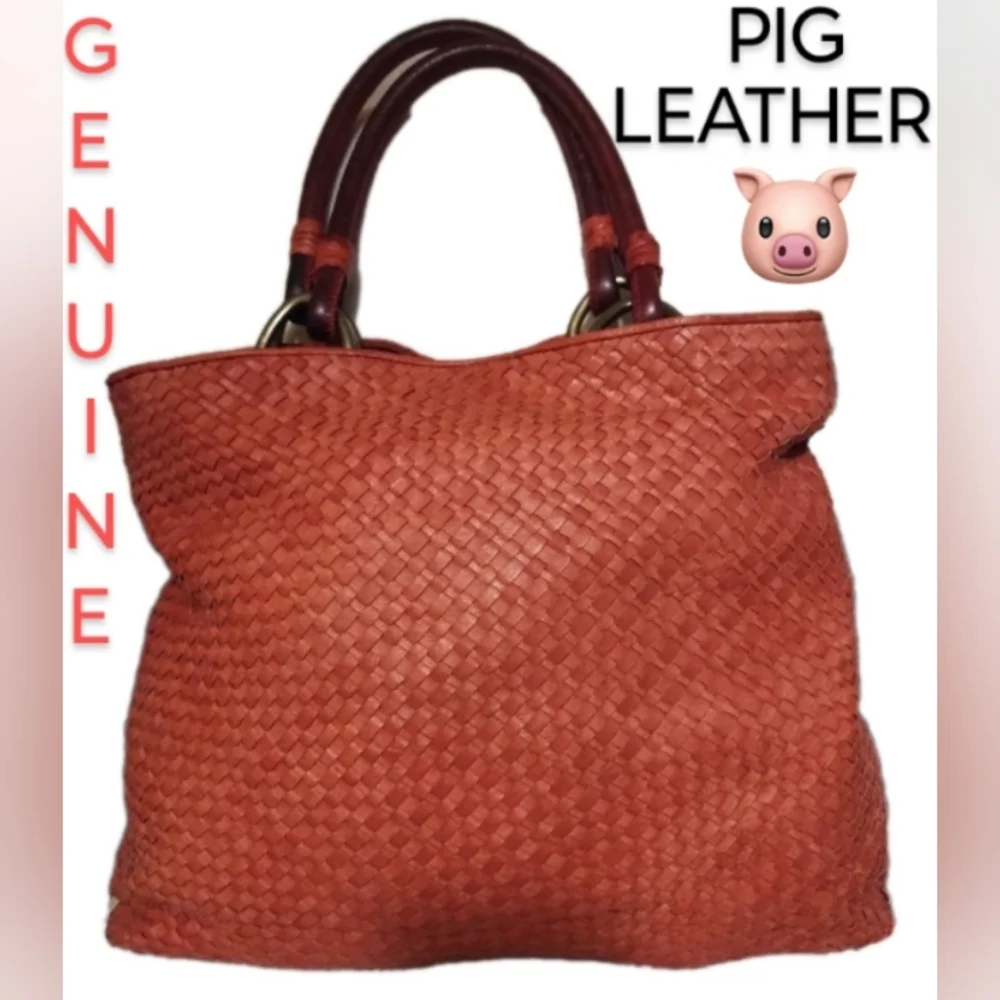 Elliott Lucca Genuine PIG Leather Orange Weaved Large Hobo Handbag - Picture 1 of 13